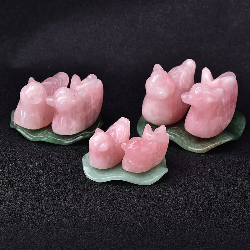 Rose Quartz Mandarin Duck Figurine with Lotus Leaf (1 Set)