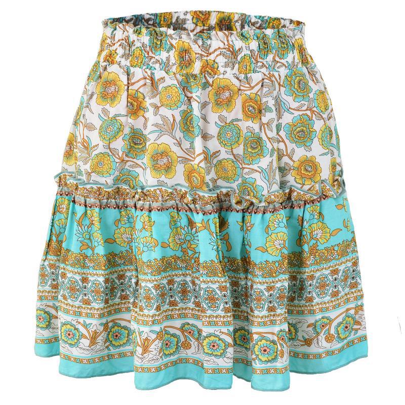 Bohemian Cotton Floral Skirt with Retro Wood Ears