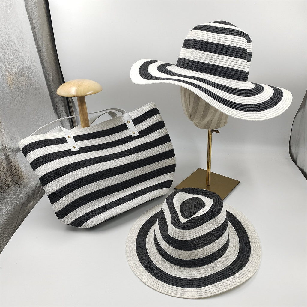 Foldable Striped Straw Hat with Breathable Sun Shade