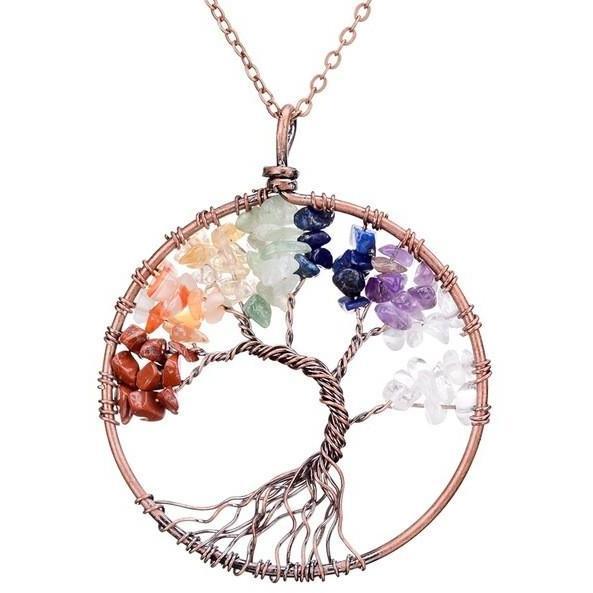 Colorful Crystal Chip Tree of Life Necklace