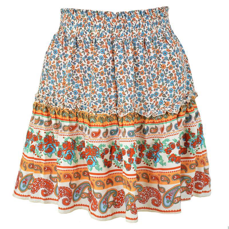 Bohemian Cotton Floral Skirt with Retro Wood Ears