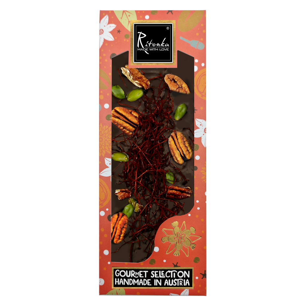 GOURMET dark chocolate pecan nut, chili threads, pistachios