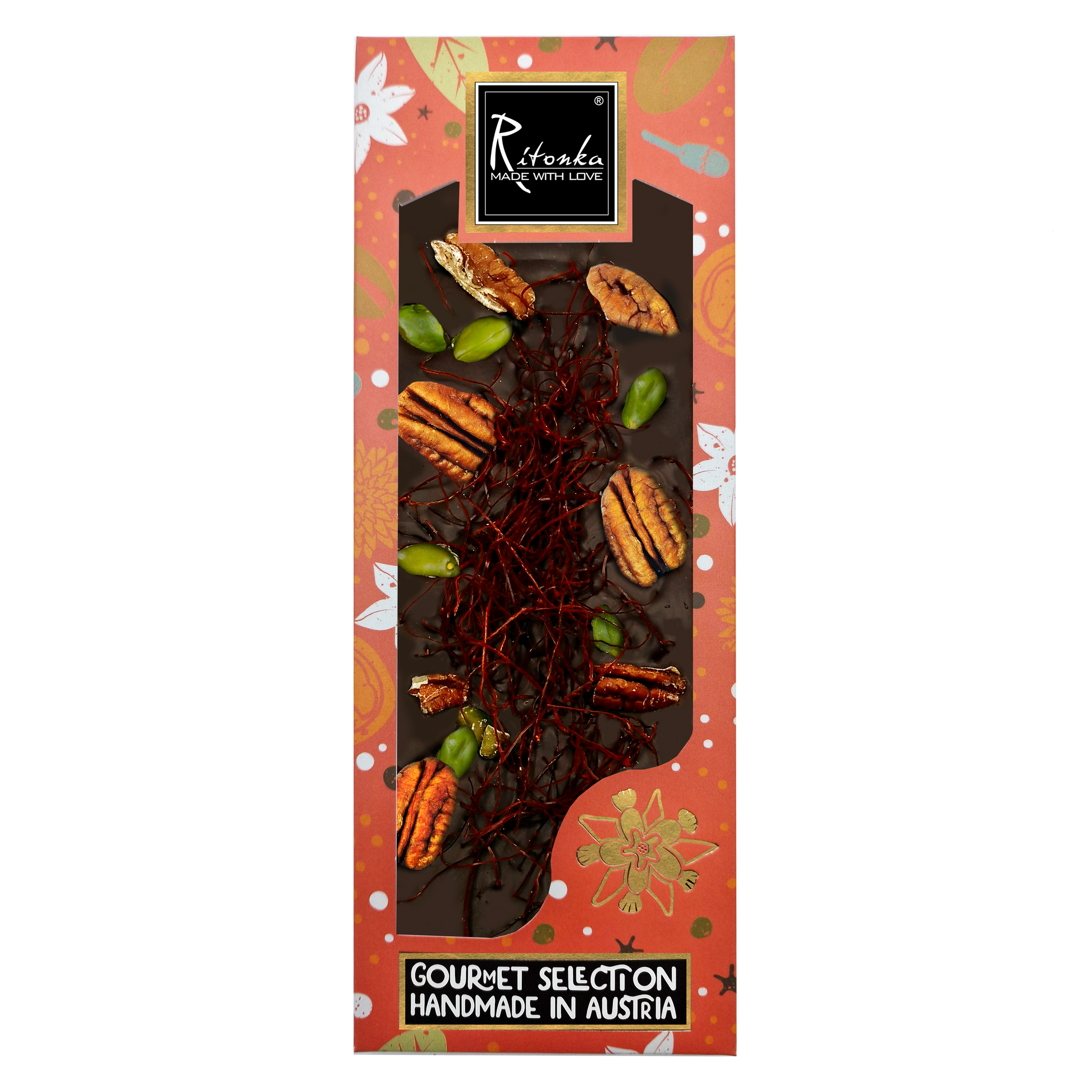 GOURMET dark chocolate pecan nut, chili threads, pistachios