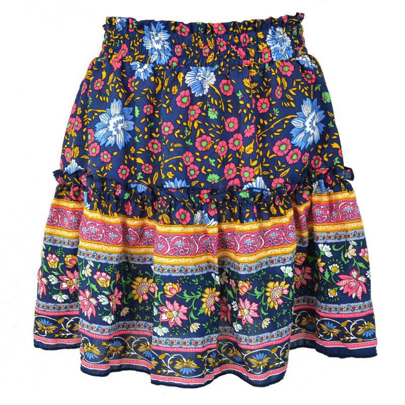 Bohemian Cotton Floral Skirt with Retro Wood Ears