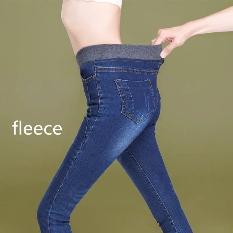 Plus Size Women's High Waist Fleece Elastic Jeans