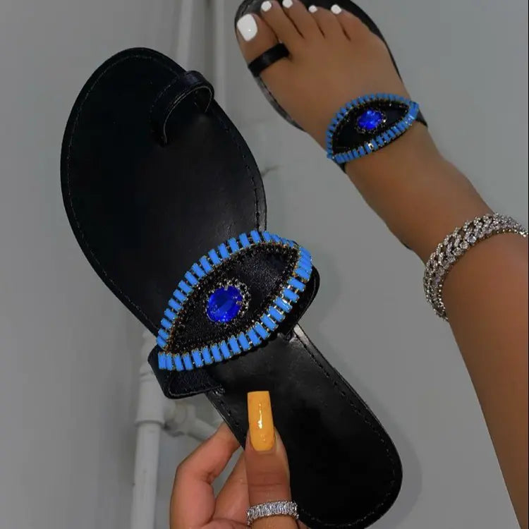 Sapphire Rhinestone Flat Slippers for Large Sizes