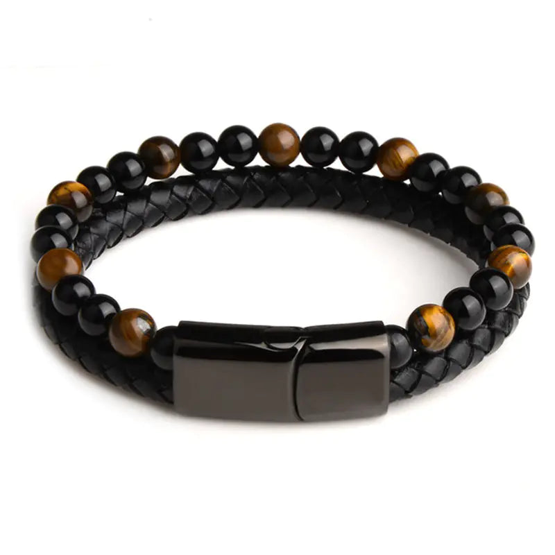 Natural Agate Stone Leather Braided Bracelet Multi-Layer