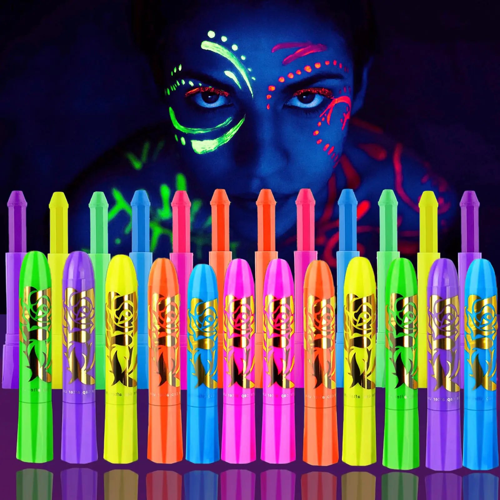 12 Pieces Glow Blacklight Face & Body Paint Makeup Glow in The Dark Face Painting Kit Neon Paint Sticks for Kids Adult Halloween Glow Party