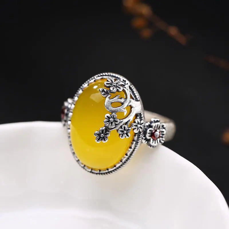 Vintage Plum Blossom Unisex Ring with Gold Pomegranate Stone