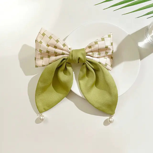 Spring Matcha Bow Hairpin with Pearl Scrunchie