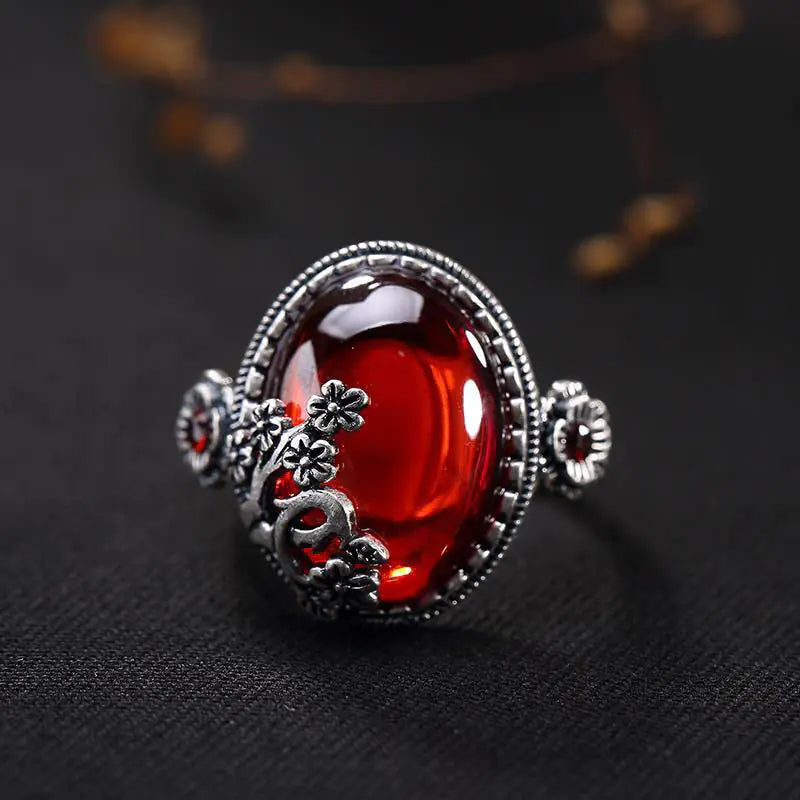 Vintage Plum Blossom Unisex Ring with Gold Pomegranate Stone